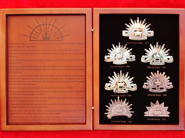 DISPLAY FRAMED FULL SET OF AUSTRALIAN ARMY RISING SUN UNIFORM BADGES ANZAC AIF