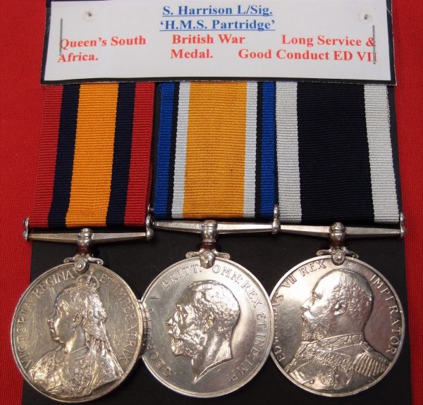 **SOLD** BOER WAR & FIRST WORLD WAR LONG SERVICE MEDALS ROYAL NAVY HMS PARTRIDGE WW1