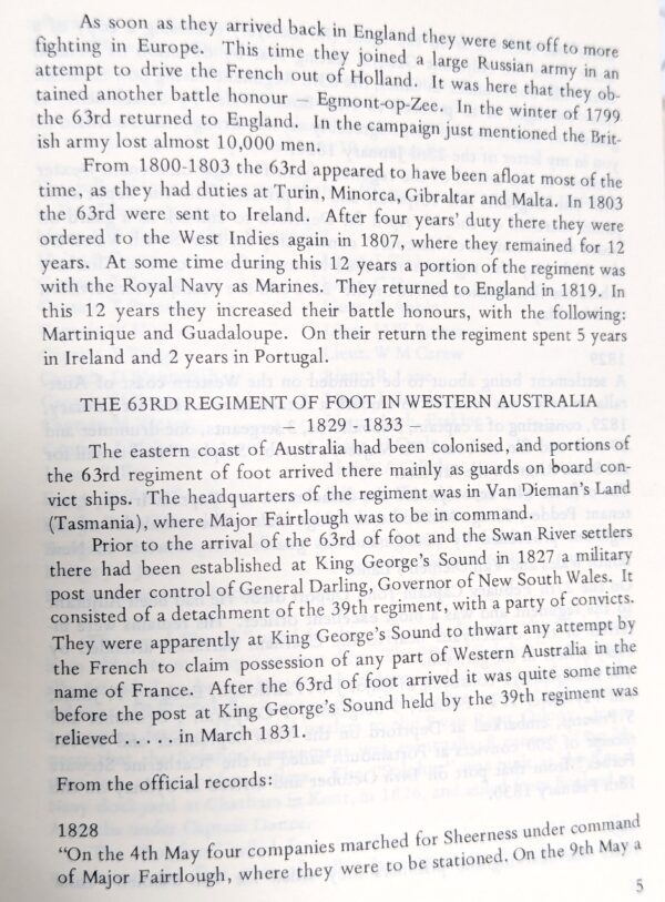 BOOKLET A SHORT HISTORY OF 63RD FOOT IN WESTERN AUSTRALIA 1829-1833 BRITISH ARMY