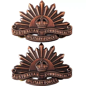 AUSTRALIAN ANZAC WW1 & WW2 RISING SUN UNIFORM COLLAR BADGES MEDAL REPLICA BRASS