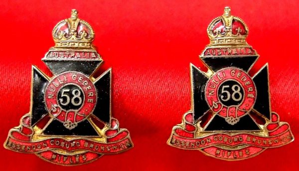 WW2 AUSTRALIAN ESSENDON RIFLES 58TH BATTALION COLLAR BADGE PAIR