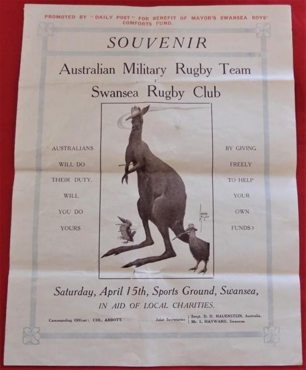 **SOLD** First World War 1 Australian Military Rugby Team v Swansea Rugby Club meeting souvenir program & VC signature Keyzor