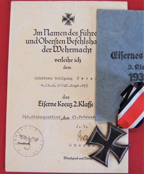 **SOLD** WW2 GERMAN ARMY IRON CROSS 2ND CLASS WITH AWARD DOCUMENT 455TH INFANTRY REGIMENT