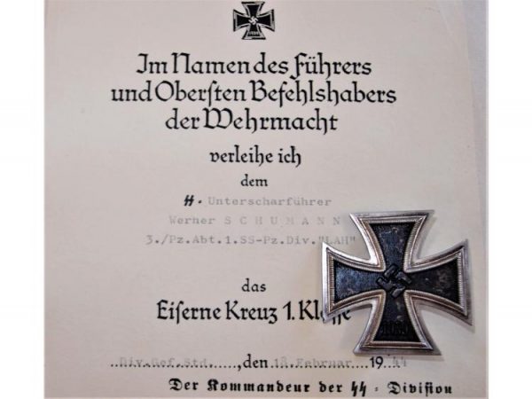 WW2 German Iron Cross 1st Class with award document for SS Leibstandarte Adolf Hitler Division