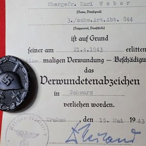 WW2 GERMAN ARMY WOUND BADGE IN BLACK & AWARD DOCUMENT 1943 DATED