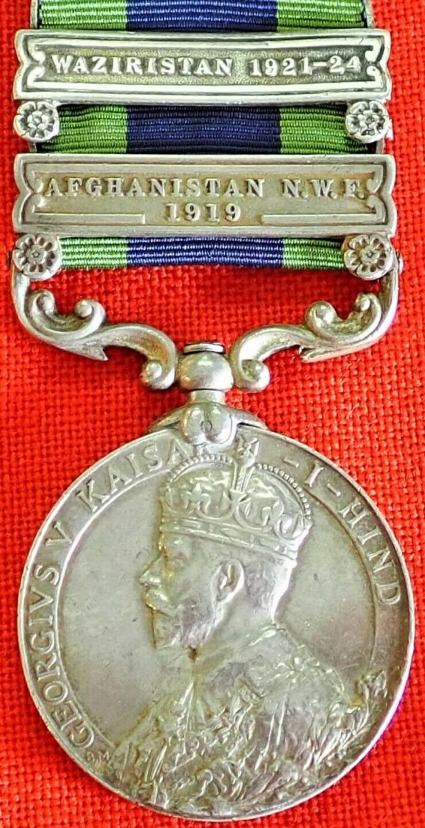 INDIA GENERAL SERVICE MEDAL, 2 CLASPS AFGHANISTAN 1919 & WAZIRISTAN 1921-24 13TH LANCERS