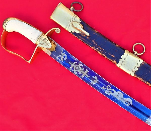 Rare 1796 pattern British Army cavalry officer’s sword and scabbard in ivory with blue & gilt engraved blade by Runkel - Image 2