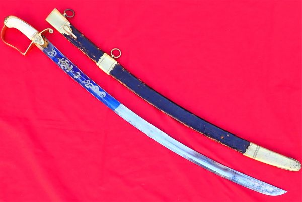 Rare 1796 pattern British Army cavalry officer’s sword and scabbard in ivory with blue & gilt engraved blade by Runkel - Image 3