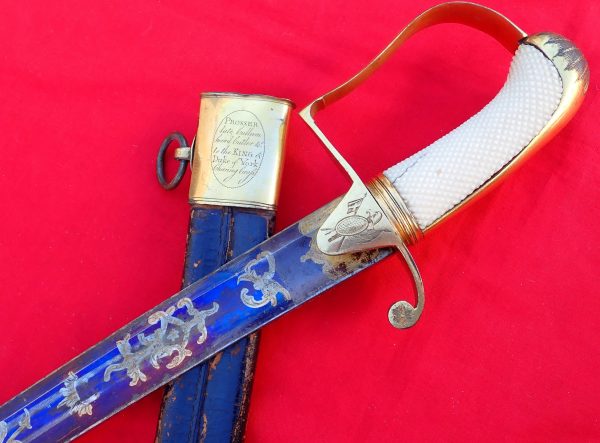 Rare 1796 pattern British Army cavalry officer’s sword and scabbard in ivory with blue & gilt engraved blade by Runkel - Image 11