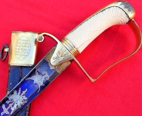 Rare 1796 pattern British Army cavalry officer’s sword and scabbard in ivory with blue & gilt engraved blade by Runkel