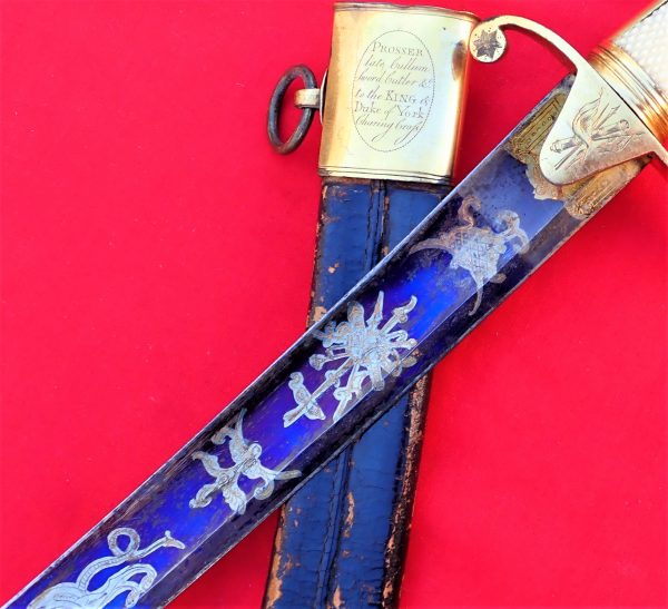 Rare 1796 pattern British Army cavalry officer’s sword and scabbard in ivory with blue & gilt engraved blade by Runkel - Image 12