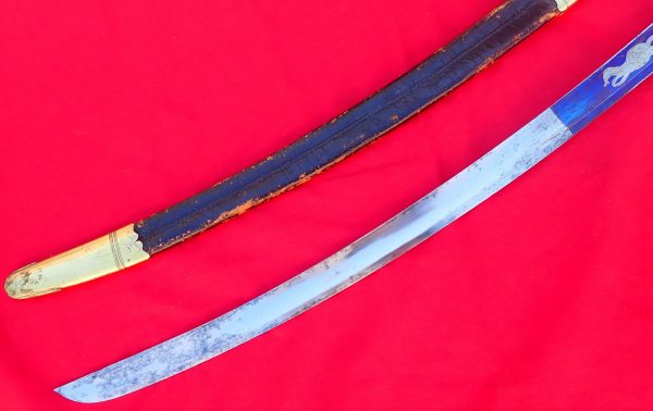 Rare 1796 pattern British Army cavalry officer’s sword and scabbard in ivory with blue & gilt engraved blade by Runkel - Image 6