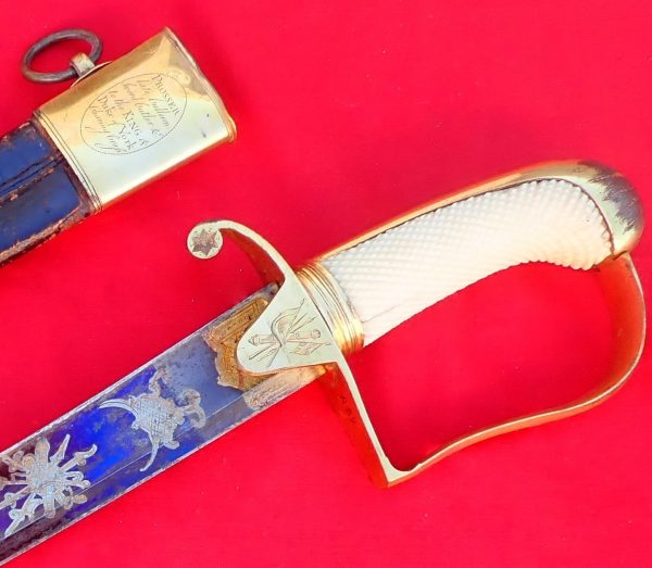 Rare 1796 pattern British Army cavalry officer’s sword and scabbard in ivory with blue & gilt engraved blade by Runkel - Image 14