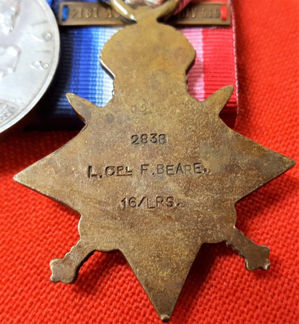 WW1 BRITISH ARMY 1914 STAR MEDAL TRIO GROUP 2835 LCPL BEARE 16TH LANCERS - Image 5