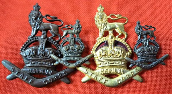 RARE 1930-42 ERA WW2 AUSTRALIAN ARMY STAFF CORPS CAP & COLLAR BADGES (4)