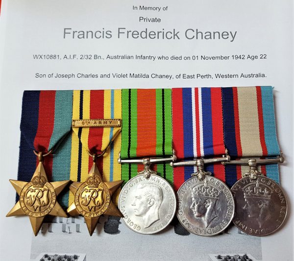 WW2 Australian Army El Alamein ‘killed in action’ group of 5 medals to Private F.F. Chaney, who served ‘B Coy’, 2nd 32nd Battalion