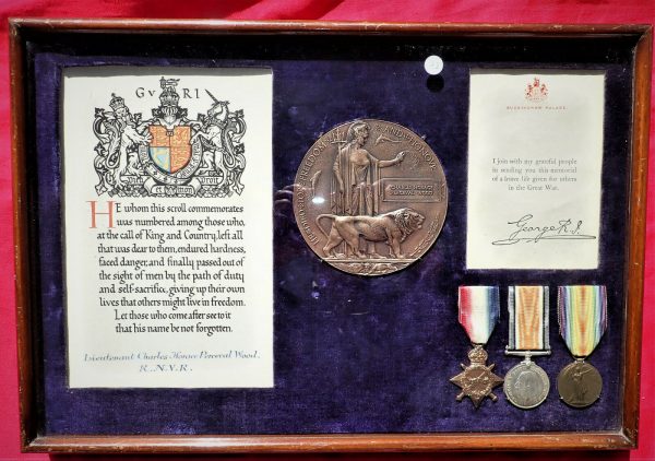 WW1 ROYAL NAVY OFFICER'S DIED ILLNESS MEDAL PLAQUE & SCROLL GROUP CHARLES WOOD