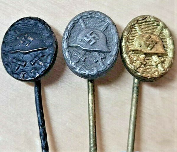 WW2 GERMAN FULL SET OF 3 WOUND BADGE LAPEL PINS GOLD, SILVER & BLACK