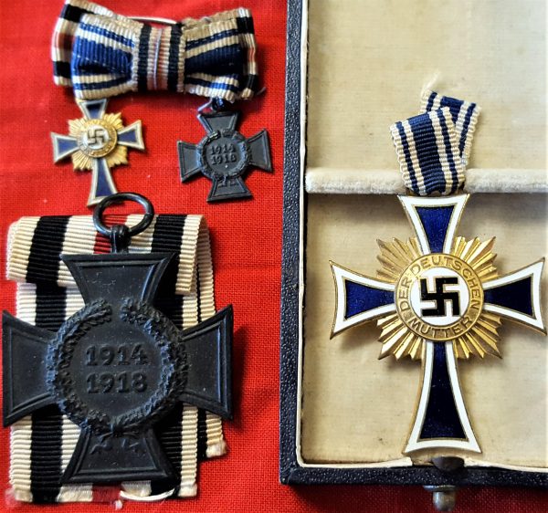 WW2 German Mother's Cross in Gold, with WW1 Widow's Cross & miniature medals