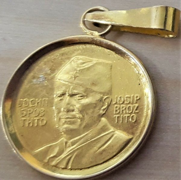 YUGOSLAVIA .900 FINE GOLD COIN & CHAIN BEZEL JOSIP TITO