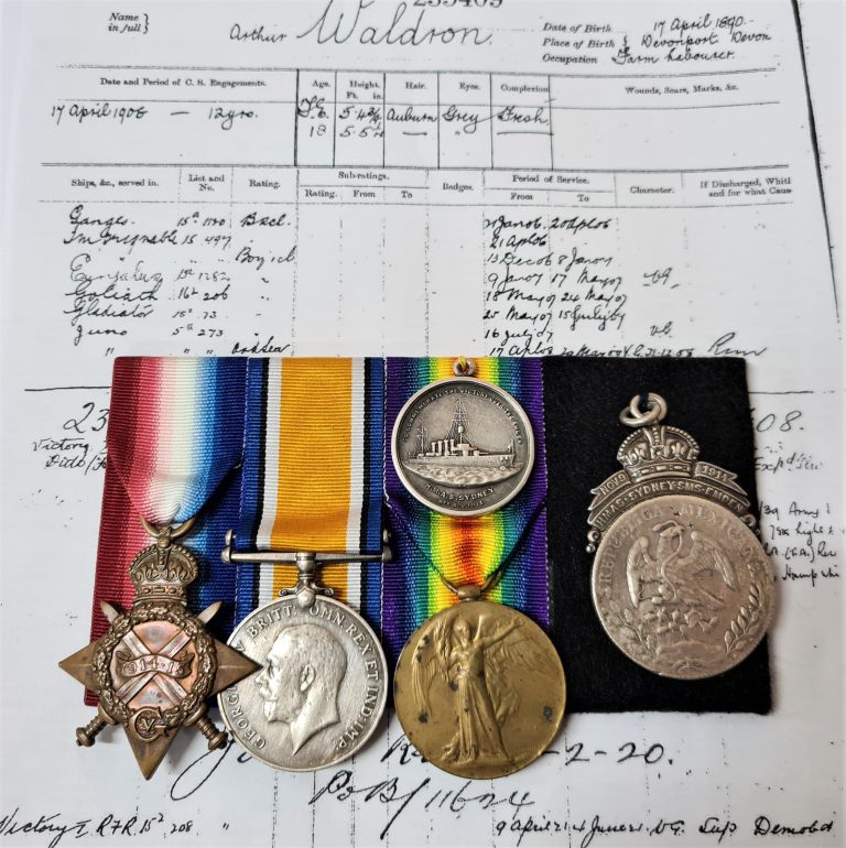 A WW1 deserters Royal Navy and Royal Australian Navy Sydney/Emden action medal group to Stoker A. Waldron - Image 2