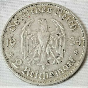 POTSDAM CHURCH SILVER NAZI GERMANY 2 REICHSMARK COIN RARE 1934
