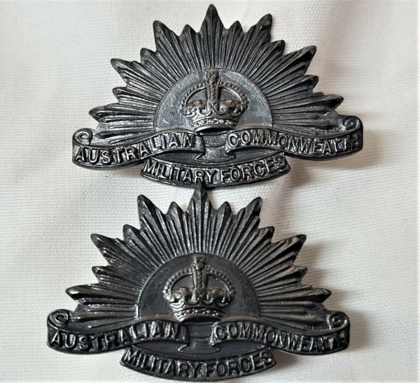 WA SHERIDANS* AUSTRALIAN ANZAC WW2 RISING SUN UNIFORM COLLAR BADGES MEDAL BLACK