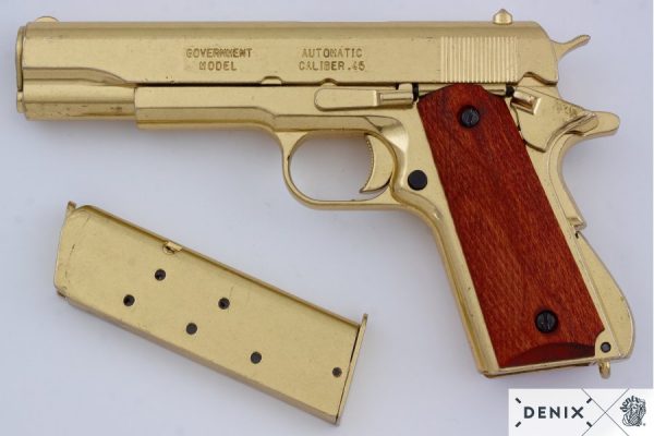 REPLICA M1911 US COLT HAND GUN PISTOL DENIX – GOLD STRIP DOWN TYPE WOODEN GRIPS