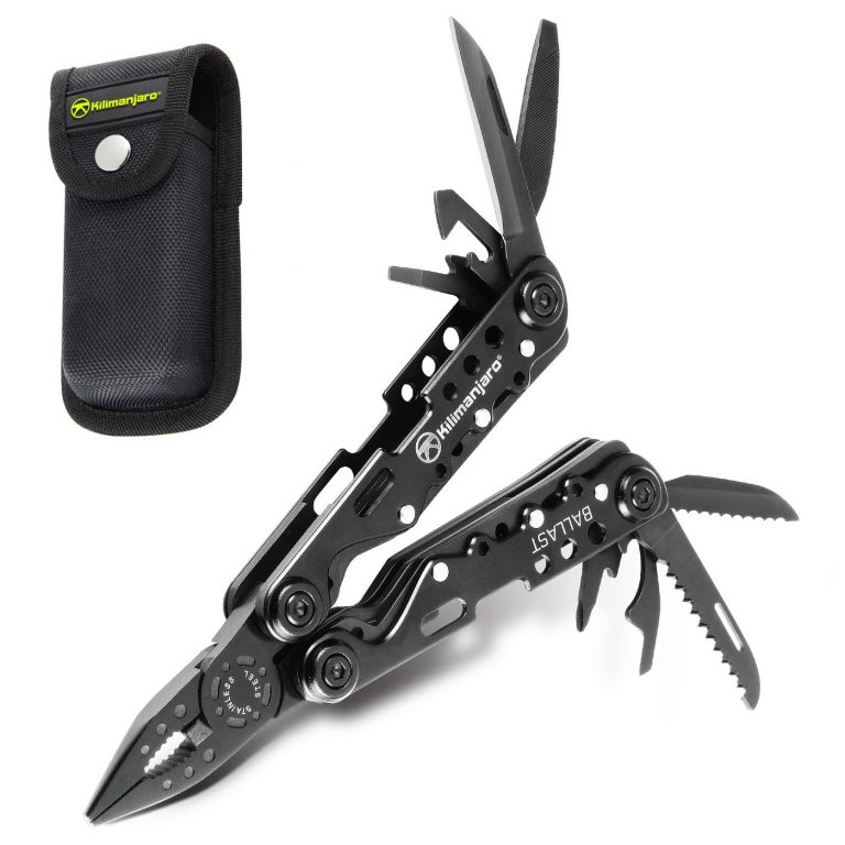 Kilimanjaro Ballast, 910053, 13-in-1, Stainless Steel Multi tool, Black With 13 components and a black satin finished heavy duty stainless steel design, carrying the Ballast practically gives you a toolbox to go. No matter what the problem is, the Ballast will help you solve it quickly and efficiently. The Ballast comes with a black Nylon pouch that can be attached to your belt!Features Pliers Wire Cutter Long Nose Pliers Knife Serrated Knife Can Opener Bottle Opener Saw Blade Double Cut File Single Cut File Phillips Screwdriver Medium Flat Head Screwdriver Large Flat Head Screwdriver