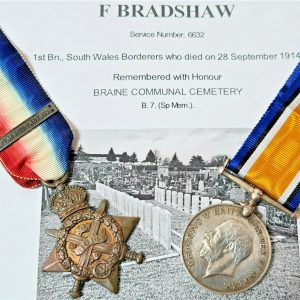 WW1 DIED OF WOUNDS SEPT 1914 MEDAL GROUP 6632 BRADSHAW SOUTH WALES BORDERERS.