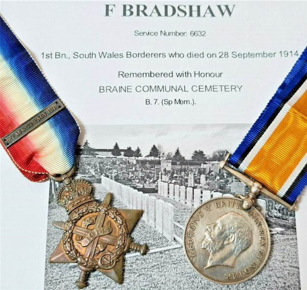 WW1 DIED OF WOUNDS SEPT 1914 MEDAL GROUP 6632 BRADSHAW SOUTH WALES BORDERERS.