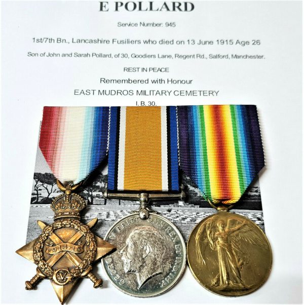 WW1 GALLIPOLI DIED OF WOUNDS MEDAL GROUP TO CPL POLLARD LANCASHIRE FUSILIERS