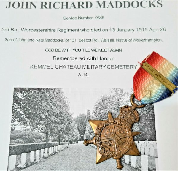 WW1 KIA EAST KEMMEL 1914 STAR AND BAR LCPL MADDOCKS 3 BN WORCSTERSHIRE REGIMENT