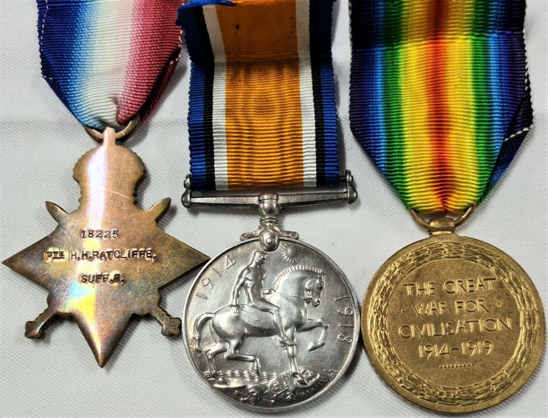 WW1 BRITISH ARMY MEDALS 18225 CPL RATCLIFFE SERVED SUFFOLK REGIMENT & YEOMANRY - Image 2