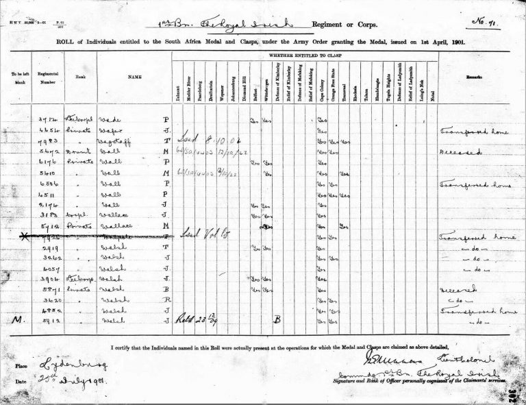 BOER WAR & WW1 MEDAL GROUP 5712 PTE M WALLACE ROYAL IRISH REGIMENT & DOCUMENTS - Image 10