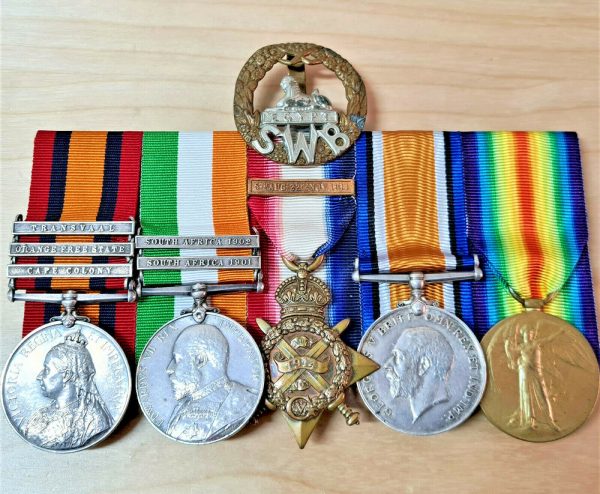 BOER WAR & WOUNDED WW1 MEDALS BADGE CALDICOTT SOUTH WALES BORDERERS