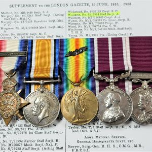 Offered is a good M.S.M. & L.S & G.C. medal group to Warrant Officer Alfred Williams 1914 Star with Aug – Nov 1914 clasp; British War and Victory Medals (1914 -18) With Mention in Despatches device (M.I.D.); Army Meritorious Service Medal (G.V.R); Army Long Service and Good Conduct Medal (G.V.R.) Regular Army, all impressed named S.18218 W.O.CL.2. A.WILLIAMS. A.S.C. Court mounted for display. Comes with original issue boxes for the M.S.M. and L.S. & G.C. and copies of: M.I.C.; medal rolls, London Gazette entry’s 1916 for M.I.D & M.S.M. London Gazette 15/6/1916: Mention in dispatches. London Gazette 14/11/1916: Army Meritorious Service Medal. Warrant Officer Class 2 Alfred Williams was a pre war regular serving in the Army Service Corps when as a Staff Sergeant, he landed in France 10/8/1914 at Marseilles. In 1914, Marseilles was the General Base Depot for Indian Divisions in France however the 1st units did not start to arrive until 30th September 1914. It is believed that Williams was sent to Marseilles to establish a A.S.C Base Depot in preparation for the arrival of the troops from India. (M.I.C records B.Marseilles). Staff Sergeant Williams would have been a very competent soldier as he was awarded the M.I.D and the M.S.M within a few months of each other in 1916 with the rank of S/Sgt. He survived the war with the rank of Warrant Officer Class 2, with the notations on the medal roll ‘Reenlisted R.A.S.C. 27/5/1919. His service number had changed to ES/48722. The prefix ES = Supply, post war enlistment under Army Order 4/1919. It is probable that Williams service records still exist, as he was still serving post war. He may have remained in France for the duration of the war or followed Indian units to other theatres. Army Order of April 1919 extended re-enlistment to men who were then serving in Class Z Army Reserve, men who had been discharged (including Special Reservists) and disembodied men of the Territorial Force. Men aged 18 to 37 would be permitted to re-enlist into the regular army for 2, 3 or 4 years’ service, with no additional reserve commitment. They would only be accepted into a Corps that was open for recruiting and only into a branch of the army in which they had previously served. They must be fully trained and have previously completed at least six months with the Colours, be medically fit, and in the case of former Territorials or Special Reservists, to have been mobilized and embodied. There would be no pay bounty for such enlistments and the man would draw normal Corps pay. He would however receive the War Bonus, as long as Britain maintained the Army of Occupation in Germany. Married men would be accepted and separation allowances paid to their family.