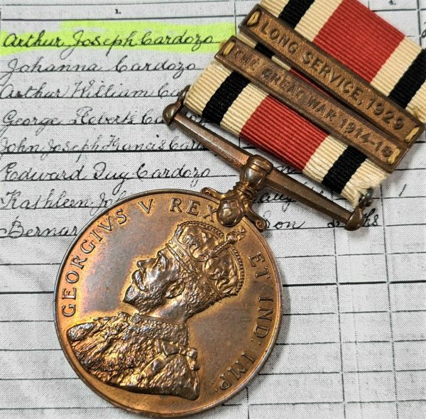 WW1 SPECIAL CONSTABLE MEDAL WITH 2 CLASPS, SERGEANT ARTHUR CARDOZO. EAST HAM