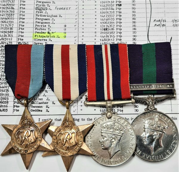 WW2 FRANCE GERMANY PALESTINE MEDALS PTE FITZPATRICK 1ST HIGHLAND LIGHT INFANTRY