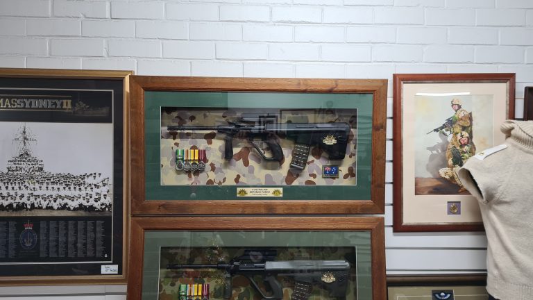 Framed 2000’s Australian Army ADF framed F88 Steyr rifle & medals Desert