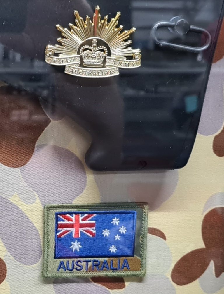 Framed 2000’s Australian Army ADF framed F88 Steyr rifle & medals Desert