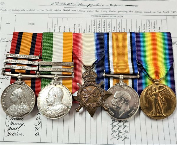 BOER WAR & WW1 MEDALS 8726 MAURICE HILL HAMPSHIRE & SUSSEX REGIMENT BRITISH ARMY