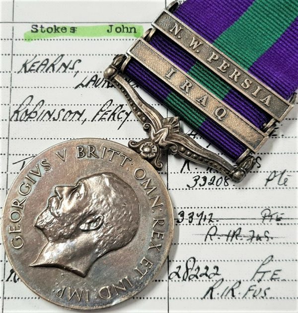 GENERAL SERVICE MEDAL IRAQ NW PERSIA 24361 STOKES ROYAL IRISH FUSILIERS WW1 ARMY