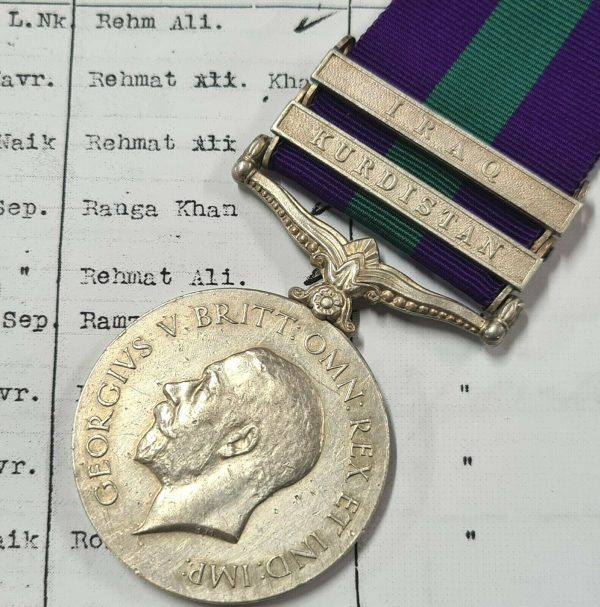 GENERAL SERVICE MEDAL KURDISTAN & IRAQ HAVILDAR 1/113 BATTALION WW1