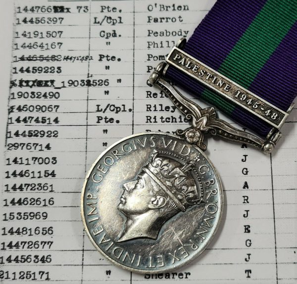 GENERAL SERVICE MEDAL PALESTINE 1945 PARROT ARGYLL & SUTHERLAND HIGHLANDERS +WW2