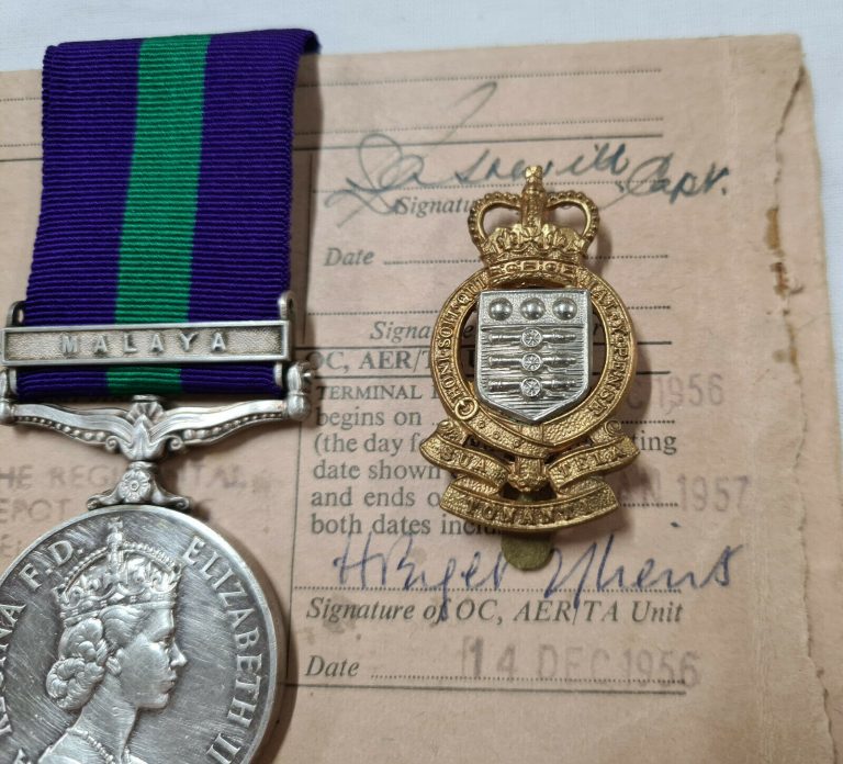 POST WW2 BRITISH GENERAL SERVICE MEDAL & BADGE MALAYA RAOC WITH DOCUMENT HARROP - Image 3