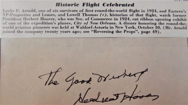 SIGNED CARD OF U.S. PRESIDENT HERBERT HOOVER AERONAUTICAL PLANE