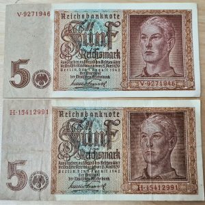 VINTAGE WW2 NAZI GERMANY 5 REICHSMARK BANK NOTES RARE