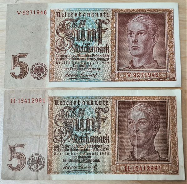 VINTAGE WW2 NAZI GERMANY 5 REICHSMARK BANK NOTES RARE