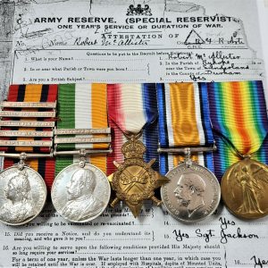 WOUNDED COLENSO BOER WAR & WW1 MEDALS 95773 GUNNER ROBERT McALLISTER FRANCE WW1